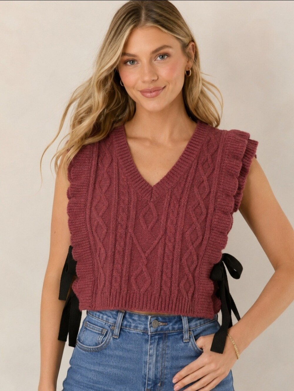 MABLE Burgundy Cable Knit Sweater Vest Side Tie Bows Scalloped Coquette Top S
